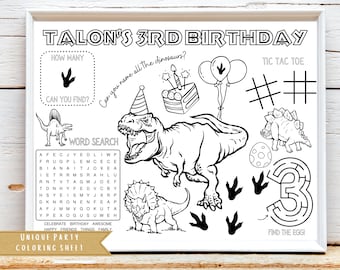 Feuille d’activité d’anniversaire de dinosaure jurassique | Trex Dinosaur Theme Party Favor | Feuille de coloriage de dinosaures | Feuille d’activités pour enfants | Personnalisé