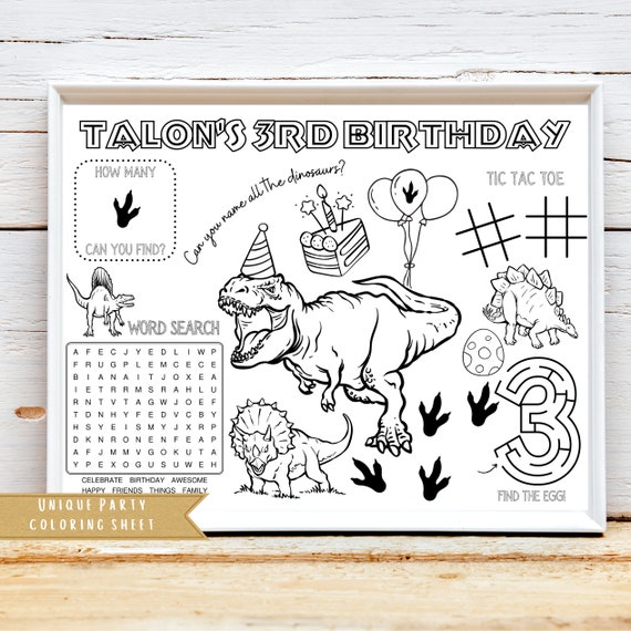 Jurassic Dinosaur Birthday Activity Sheet | Trex Dinosaur Theme Party Favor | Dinosaur Coloring Sheet | Kids Activity Sheet | Personalized