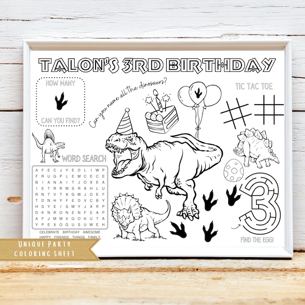 Jurassic Dinosaur Birthday Activity Sheet | Trex Dinosaur Theme Party Favor | Dinosaur Coloring Sheet | Kids Activity Sheet | Personalized