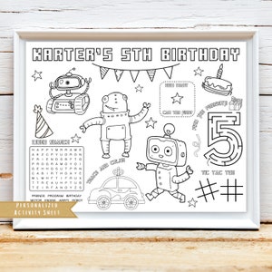 Personalized Robot Birthday Activity Sheet: Kids Party Placemat (Digital Download)