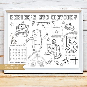 Robot Birthday Party Activity Sheet | Robot Party Favor | Autobots Theme Party Decor | Kids Activity Sheet | Personalized Party Placemat