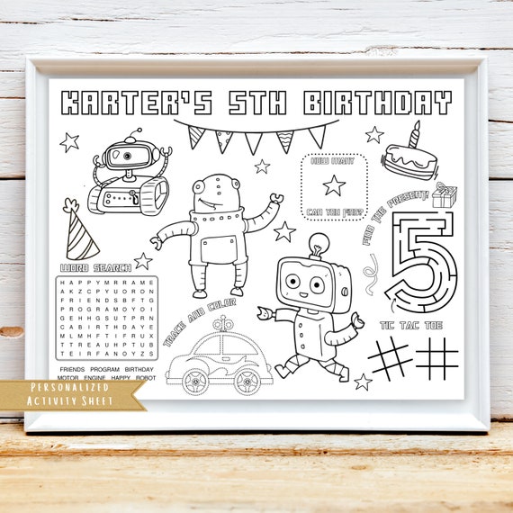 Personalized Robot Birthday Activity Sheet: Kids Party Placemat (Digital Download)