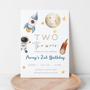 Bewerkbare Two the Moon-uitnodigingskaartsjabloon | Uitnodiging voor verjaardagsfeestje aquarel Two the Moon | Digitale sjabloondownload Space Invite