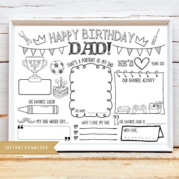 Best Dad Birthday Party Activity Sheet | All About Dad Fill in Template DIY | Father's Birthday Activity | Best Dad Placemat | Gift for Dad