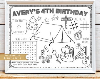 Camping Birthday Activity Sheet: Personalized Party Favor (Digital Download)