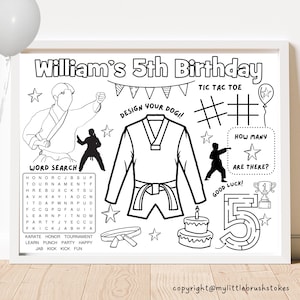 Scheda di attività per feste di compleanno di karate personalizzabile / Bomboniera per feste a tema karate / Colorazione per feste di karate / Scheda di attività per bambini da scaricare digitalmente