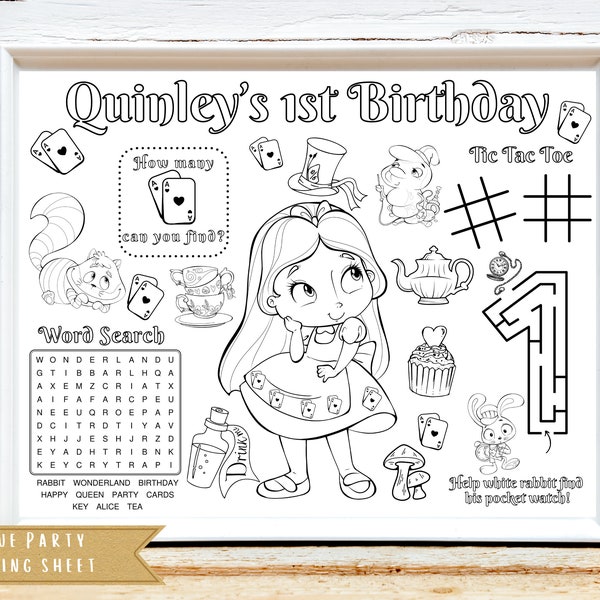 Personalized Alice in Wonderland Party Activity Sheet | Alice in Wondeerland Party Favor | Onederland Coloring | Kids Activity