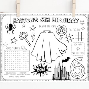 Superhero Birthday Party | Superhero party placemat | Super Kids Party Favor | Personalized Coloring Activity Placemat