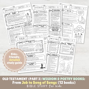 Puede incluir: Un conjunto de páginas de estudio bíblico en blanco y negro para niños, con texto e ilustraciones de Proverbios, Eclesiastés, Job, Salmos y Cantar de los Cantares. Incluye una etiqueta "Guía de estudio detallada y amigable para niños".