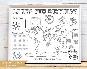 Geography Theme Birthday Activity Sheet | Explorer Theme Party Favor | Geography Class Coloring Sheet | Kids Activity Sheet | Personalized
