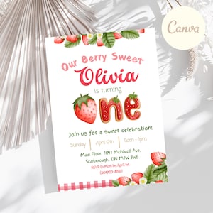 Invitation de fête d'anniversaire aux fraises modifiable | Invitation numérique de partie de fraise | Faire-part pour le premier anniversaire de la baie | Un à quatre ans