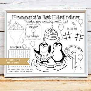 Penguin Birthday Party Activity Sheet | Penguin Party Favor | Penguin Coloring Kids Activity Sheet | Personalized Penguin Party Placemat