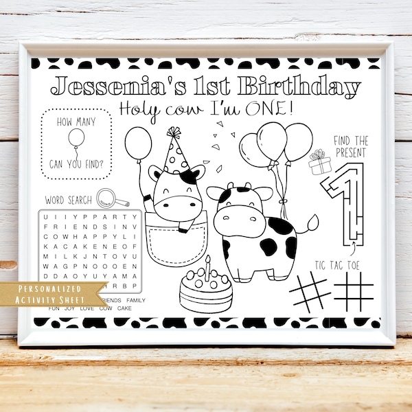 Cow Birthday Party Activity | Holy Cow Party Favor Coloring Sheet | Cute Cow coloring table mat party game | Personalized party sign