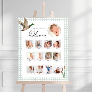 Un modèle de panneau de collage photo pour le premier anniversaire d'un canard porte-bonheur | Poster photo 1er anniversaire de bébé, Poster première année de bébé à imprimer | Panneau photo