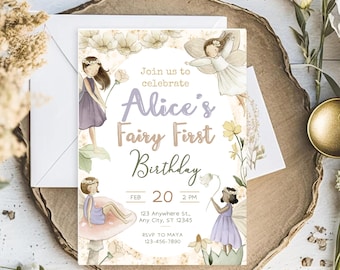 May include: A whimsical invitation for a first birthday party with a fairy theme. The invitation features a watercolor illustration of fairies and flowers with the text "Join us to celebrate Alice's Fairy First Birthday" and party details.