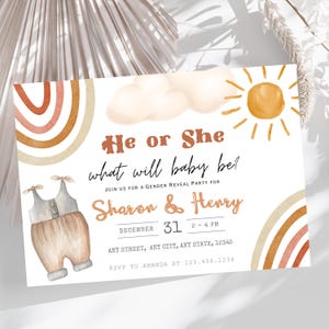 Bearbeitbare Boho Regenbogen Party Einladung Kartenvorlage | Gender Reveal Baby Shower Geburtstag einladen | Schwangerschaft Digitale Vorlage | Sofort