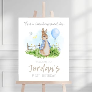 Cartello di benvenuto per festa Peter Rabbit modificabile / Cartello per festa Peter Rabbit Decor / Cartello di benvenuto per compleanno e baby shower Peter Rabbit / Blu o rosa