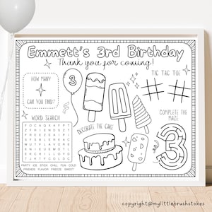 May include: Black and white printable birthday party activity sheet for a 3 year old. The sheet includes a word search, a noughts and crosses game, a maze, a count the stars activity, and a decorate the cake activity. The sheet features a birthday cake, ice cream, and stars.