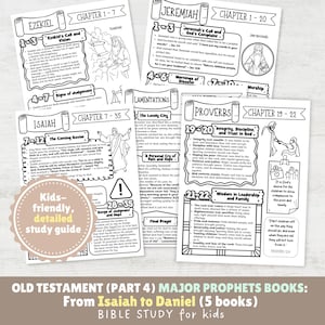 May include: A detailed study guide for kids featuring Old Testament books from Isaiah to Daniel. The pages are filled with illustrations and text, including chapter titles and Bible verses. The guide is designed to help children learn about the major prophets.