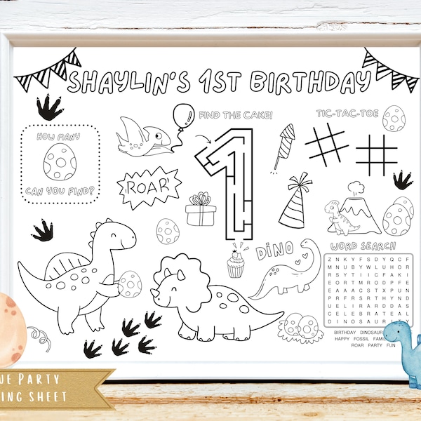 Dinosaur Birthday Activity Sheet | Dinosaur Theme Party Favor | Dinosaur Coloring Sheet | Kids Activity Sheet | Personalized