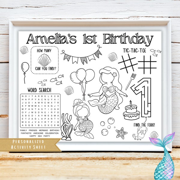 The Little Mermaid Birthday Activity Sheet | Mermaid Party Favor | Mermaid Coloring Sheet | Kids Activity Sheet | Personalized