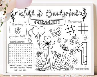 Wild and Onederful | Wild and Three | Wild Flower Birthday Party Activity Sheet | Flower Party Favor | Kids Activity Sheet | Party Placemat
