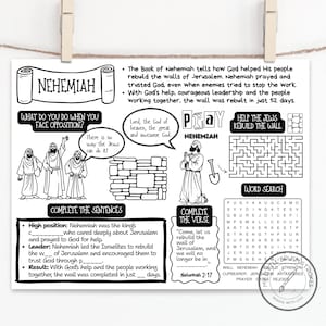 May include: Black and white illustrated print featuring the word "NEHEMIAH" in a scroll design. The print includes text, illustrations of people, a maze, and a word search puzzle. The print is hanging from a wooden clip.