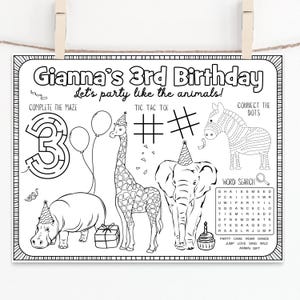May include: Black and white printable activity sheet for a 3rd birthday party with the text "Gianna's 3rd Birthday Let's party like the animals!"  The sheet includes a maze, tic-tac-toe game, connect the dots, and word search. The animals featured are a giraffe, elephant, zebra, and hippopotamus.