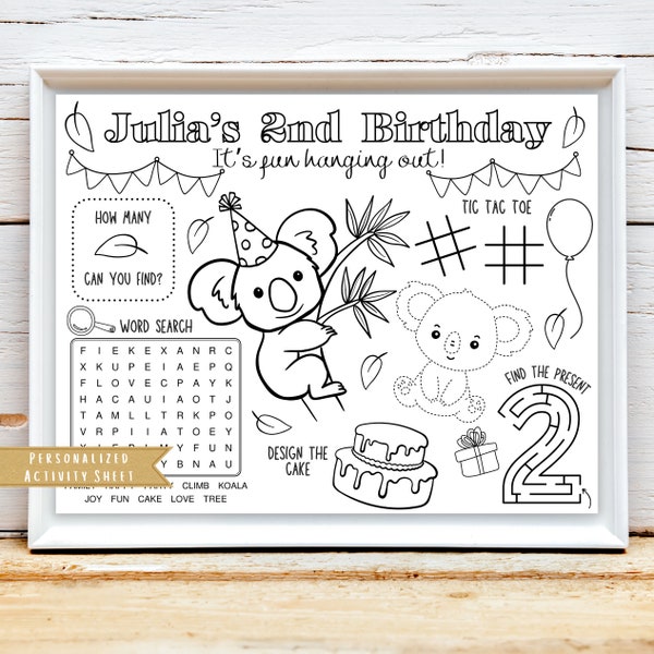 Koala Birthday Party Activity | Koala Party Favor Coloring Sheet | Cute Koala coloring table mat party game | Personalized party sign