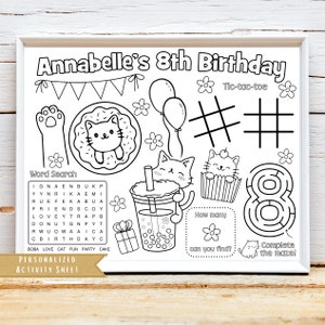 Foglio di attività per feste di compleanno con gattino arcobaleno personalizzato / Bomboniera per dolci a tema gatto / Festa di compleanno per animali domestici / Festa a tema cibo per gatti / Boba per gatti