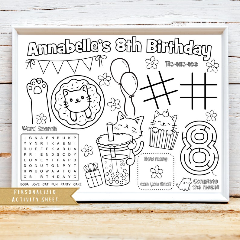 May include: Black and white printable activity sheet for an 8th birthday party. The sheet features a word search, tic-tac-toe game, a maze, and a count-the-flowers activity. The theme is cats and includes images of cats, donuts, boba tea, and cupcakes.