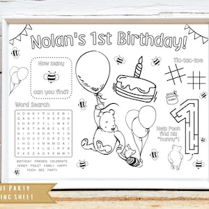 Classic Winnie the Pooh Birthday Party Activity Sheet | Pooh Party Favor | Kids Activity Sheet | Personalized Party Placemat