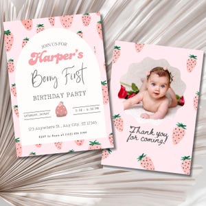 Lot de cartes de remerciement modifiables roses d'invitation de fête aux fraises | Faire-part numérique fraise | Berry First Party | Téléchargement instantané