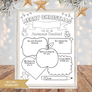 Lehrer Weihnachtsgeschenke Printable | Lehrer Weihnachtskarte Buchstabe | Danke Malseite | Über Geschenk Weihnachten Lehrerin A4 / US Letter