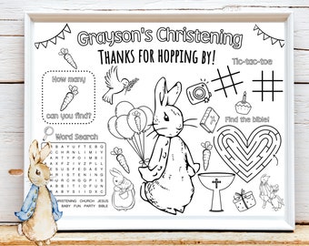 Classic Rabbit Christening Activity Sheet | Rabbit Party Favor | Kids Activity Sheet | Personalized Party Placemat