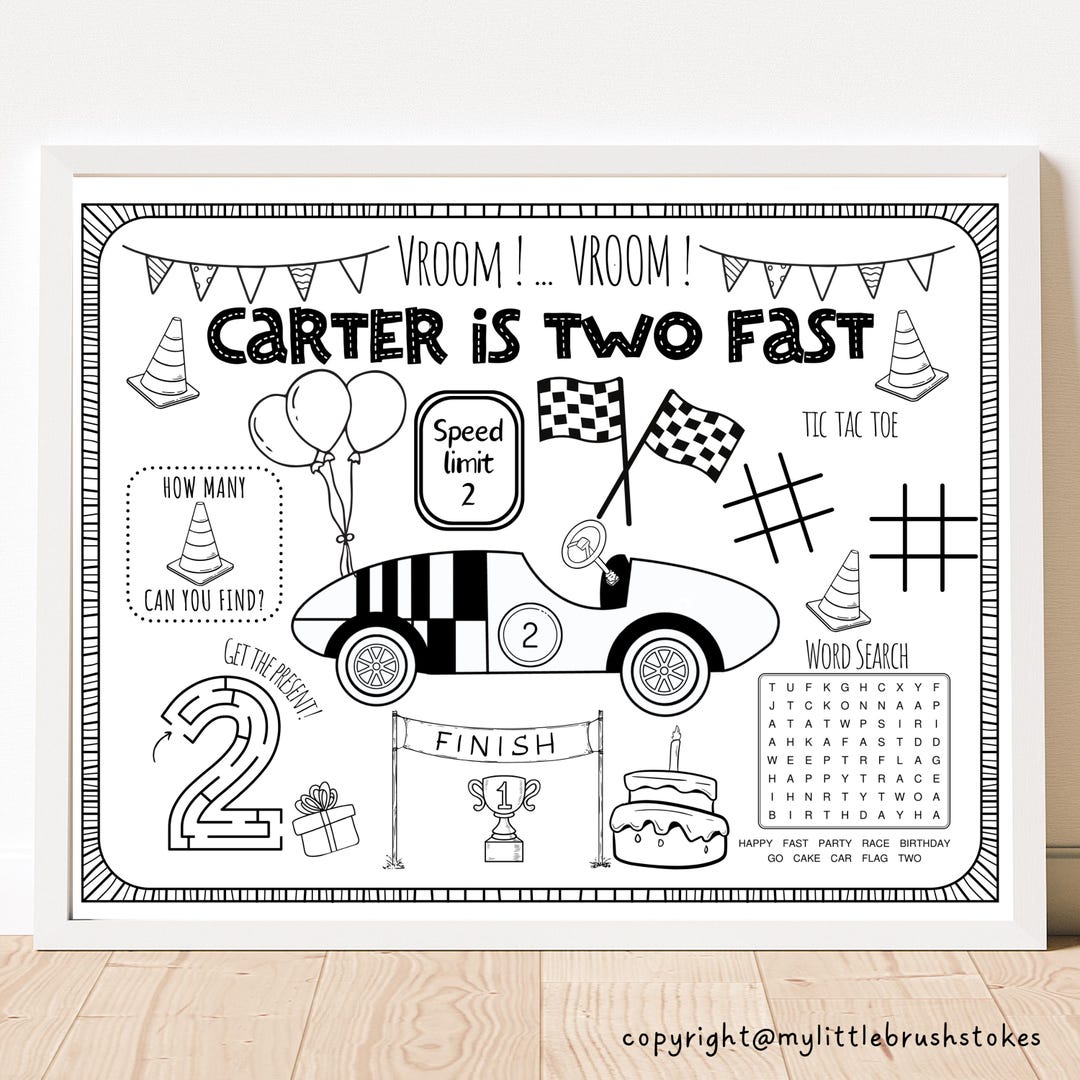Race Car Birthday Coloring Page: Two Fast Party Activity (digital ...