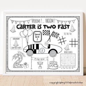 Race Car Two Fast Birthday Party | Fast One Race Car Theme Birthday Racing Car Birthday | Party Favor | Personalized Coloring Activity Sheet