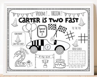 Race Car Birthday Coloring Page: Two Fast Party Activity (Digital Download)