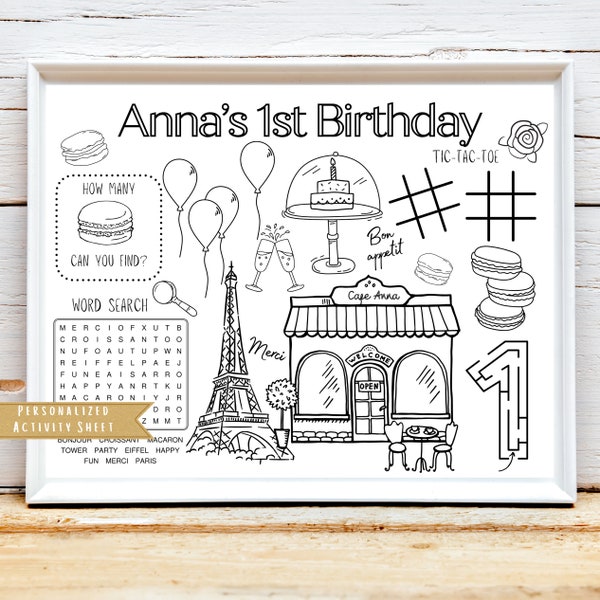 Paris Party Favor | French Patisserie | Parisian Cafe | French Bakery | Paris Cafe | Activity Sheet | Party Placemat | Eiffel Tower Party