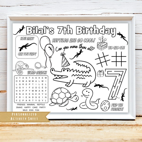 d'activités pour fête d'anniversaire sur le thème des reptiles | Cadeau de fête animal reptile | Serpent crocodile caméléon à colorier | Feuille d'activité pour enfants