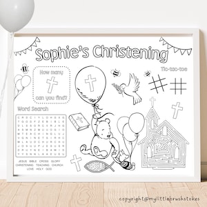 Winnie the Pooh Christening Activity Sheet: Personalized Party Favor (Digital Download)