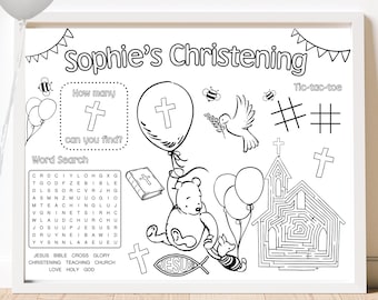 Folha de atividades de batizado do Ursinho Pooh: lembrancinha personalizada (download digital)