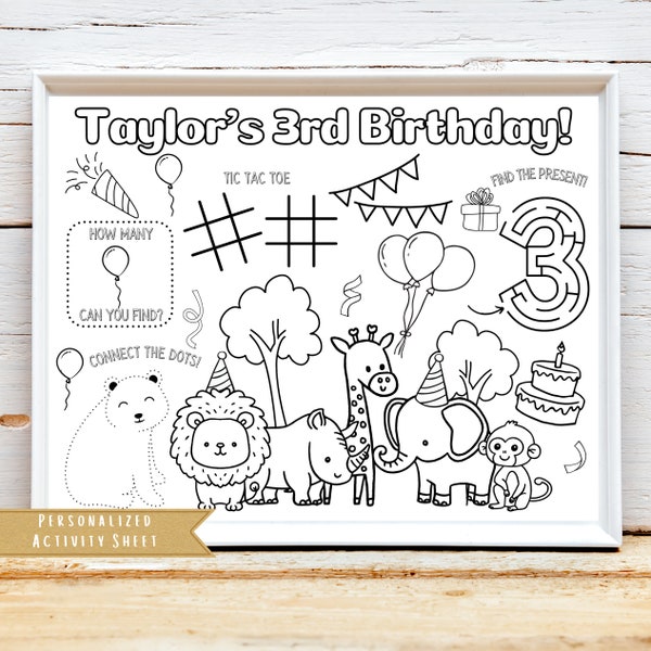 Zoo Safari Birthday Party Activity Sheet | Zoo Animal Party Favor | Safari Theme Kids Activity Sheet | Wild life Personalized Party Placemat