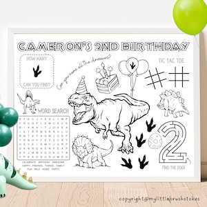 Jurassic Dinosaur Birthday Activity Sheet | Trex Dinosaur Theme Party Favor | Dinosaur Coloring Sheet | Kids Activity Sheet | Personalized