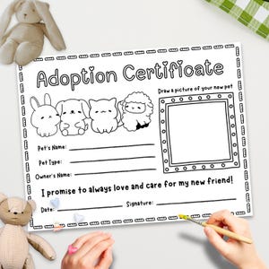 May include: A black and white adoption certificate with the words "Adoption Certificate" at the top. The certificate has spaces to fill in the pet's name, type, and owner's name. There is a space to draw a picture of the pet.