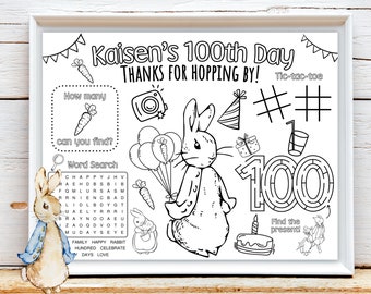 Classic Rabbit 100 Day Party Activity Sheet | 100th day celebration party favor | Peter Kids Activity | Baby Rabbit 100 day Party Placemat