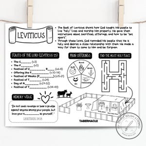 May include: Black and white illustrated print of Leviticus, featuring text, diagrams, and a maze. Includes sections on feasts, offerings, and a memory verse. The print is held by two wooden clothespins.