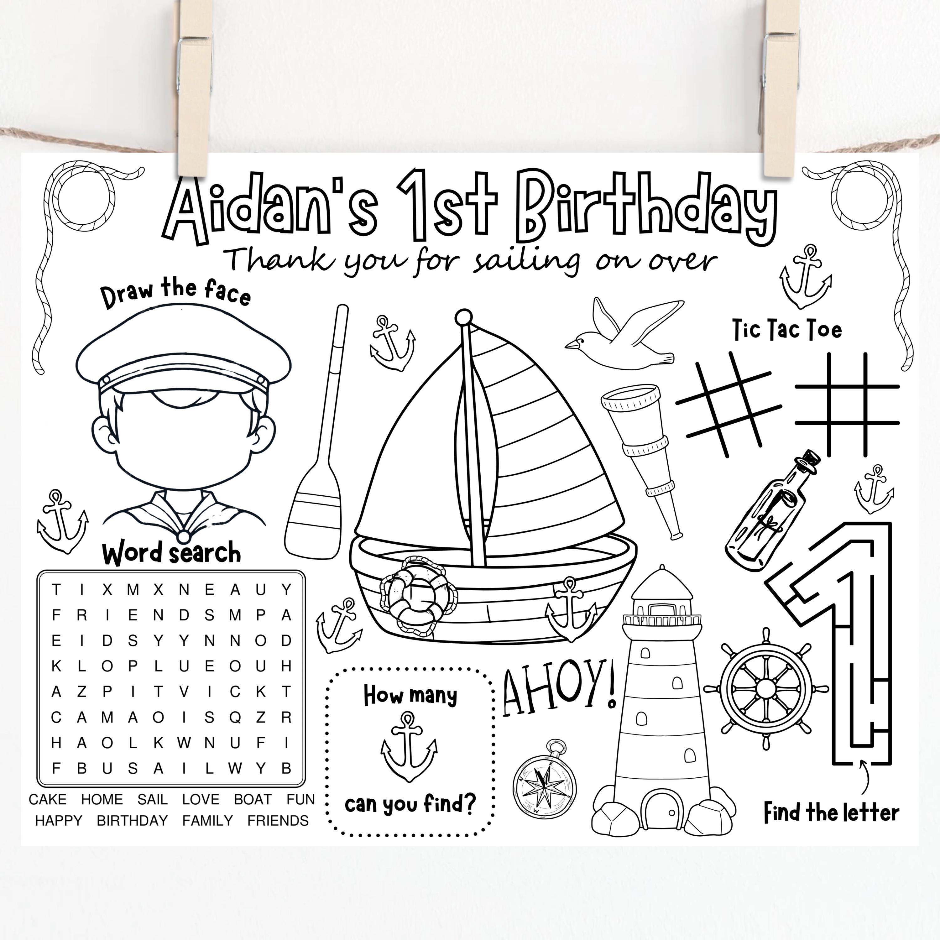 Nautical Birthday Party Activity Sheet | Sailor Nautical Party Favor | Kids Activity Sheet | Sea Sail Theme Party Placemat