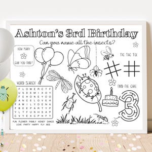 Può includere: Un foglio di attività stampabile per una festa di compleanno per un bambino di 3 anni. Il foglio è in bianco e nero e presenta una ricerca di parole, un gioco del tris, un labirinto e un'attività di conteggio degli insetti. Il foglio è intitolato "Ashton's 3rd Birthday".