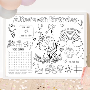 Unicorn Birthday Party Activity Sheet | Unicorn Party Favor | Unicorn Theme Party Decor | Kids Activity Sheet | Personalized Party Placemat